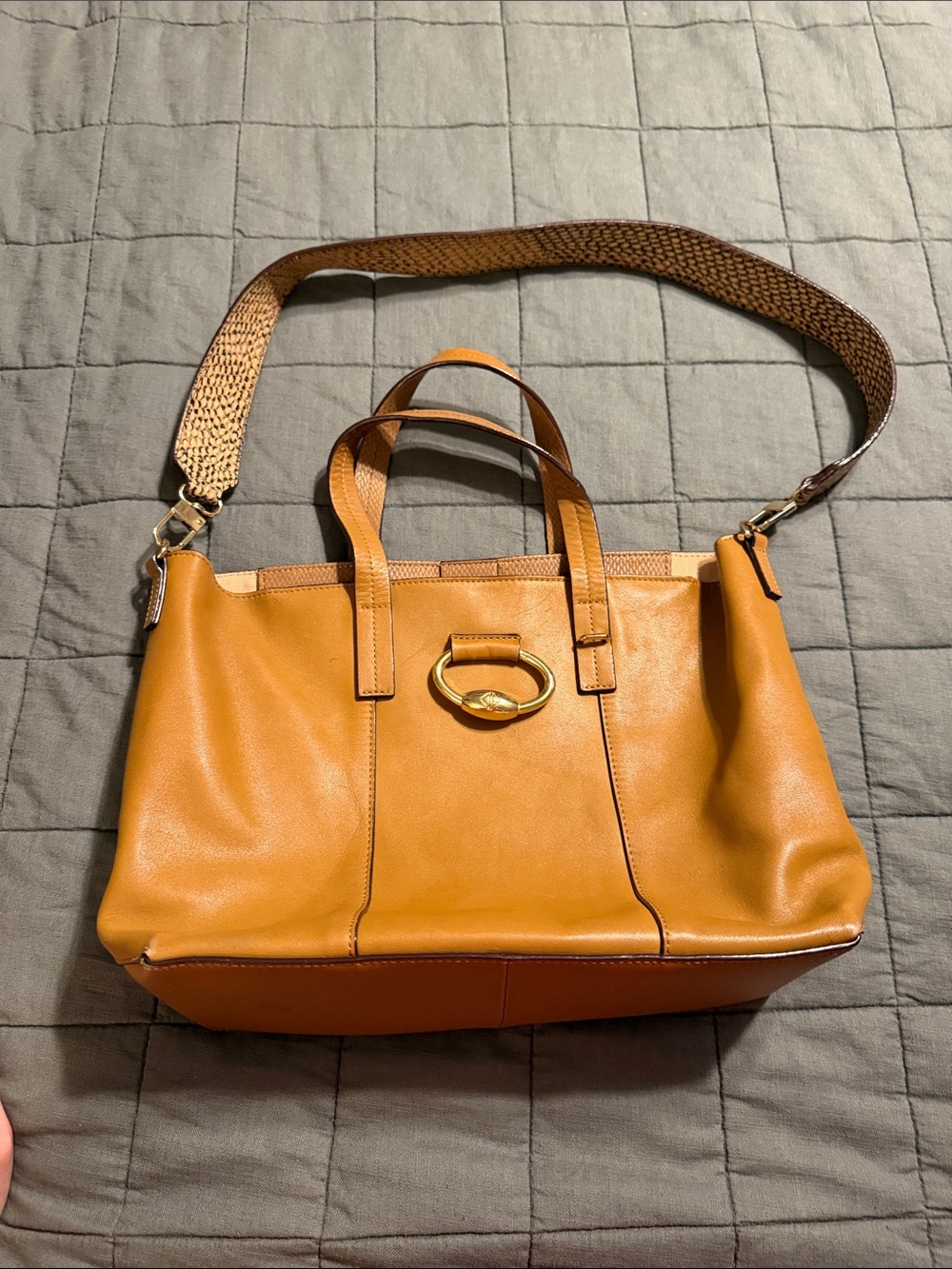 ANTONIO MELANI Cognac Leather Tote with Gold Ring Accent